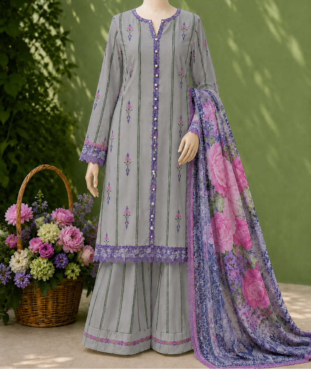 Lavender Grace - Printed 3 Piece Suit Unstitched