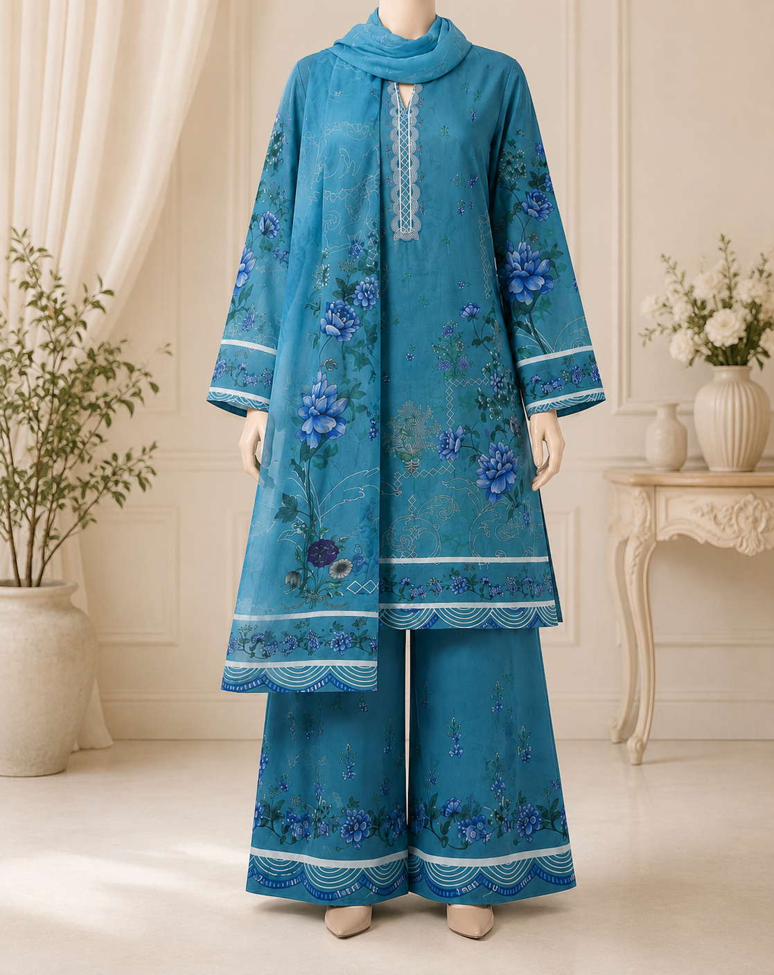 Blue Reverie -  Digital Printed 3 Piece Suit Unstitched
