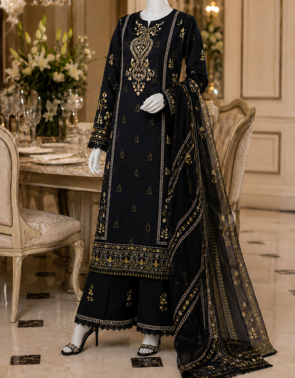 Midnight Elegance With Embroidered Neckline 3-Piece Suit Unstitched