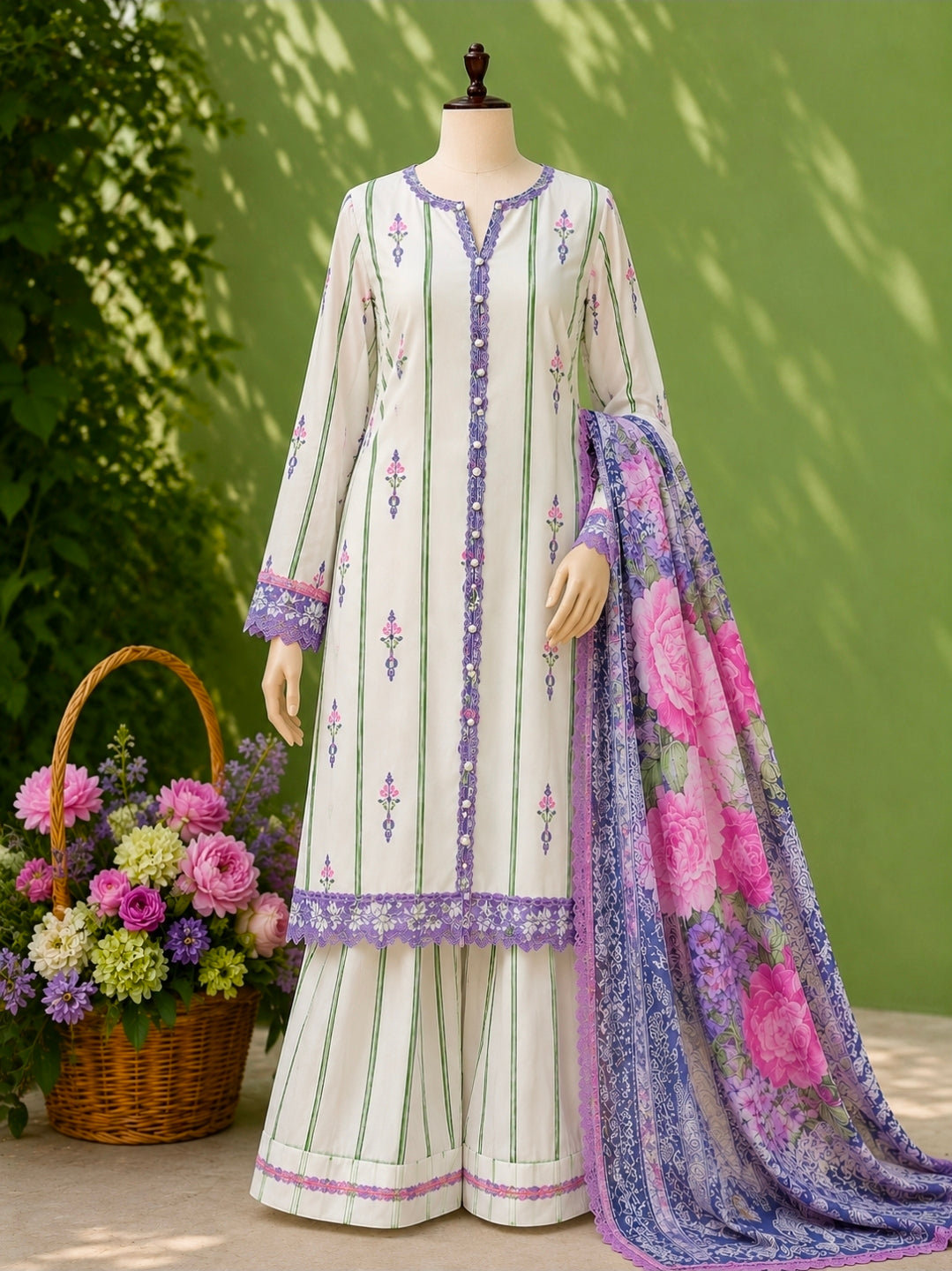 Lavender Grace - Printed 3 Piece Suit Unstitched